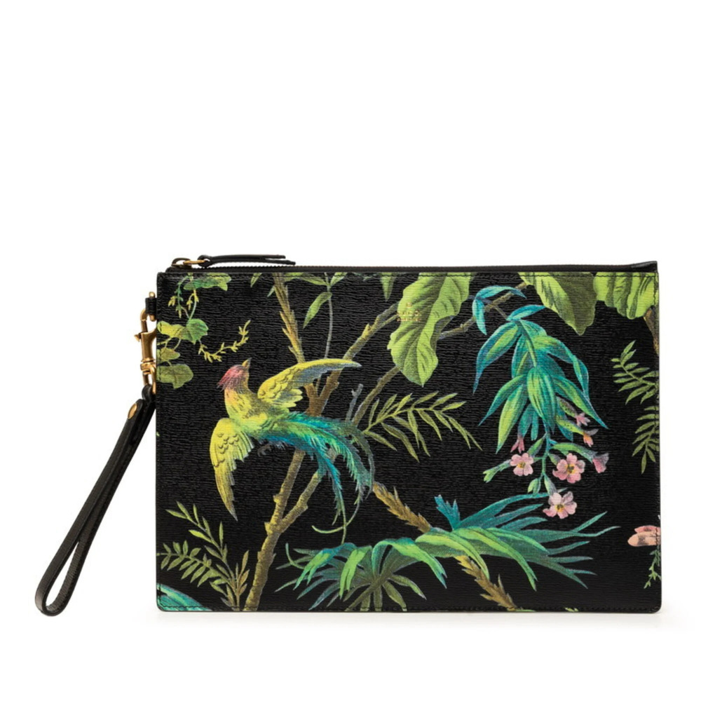 Gucci Tropical Print Clutch Bag, Second 431270, Black/Green Leather, Women's,...